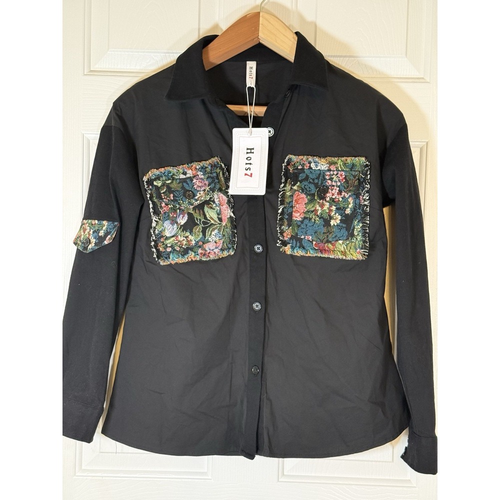 NWT  Hots 7 Black Cowgirl Button Up Floral Patch‎ Boho Size Large Cotton Spandex